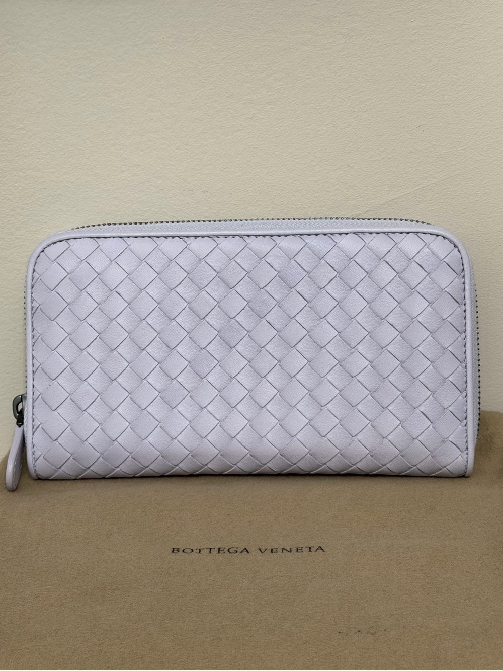 Authentic Bottega Veneta Light Lavender Intrecciato Zip-Around Long Wallets.